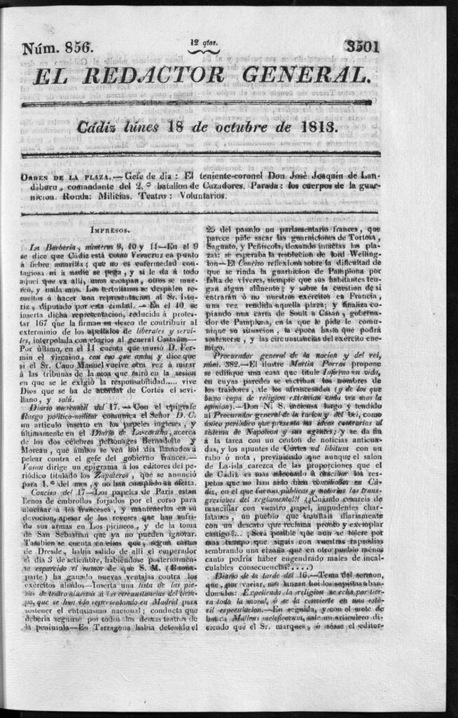 Miniatura de Redactor General del lunes 18 de octubre de 1813
