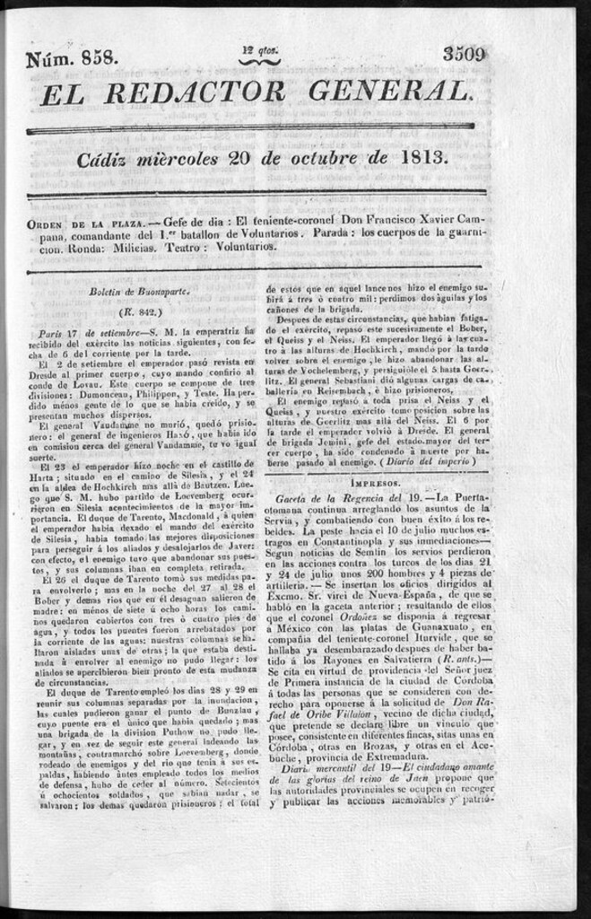 Miniatura de Redactor General del miércoles 20 de octubre de 1813