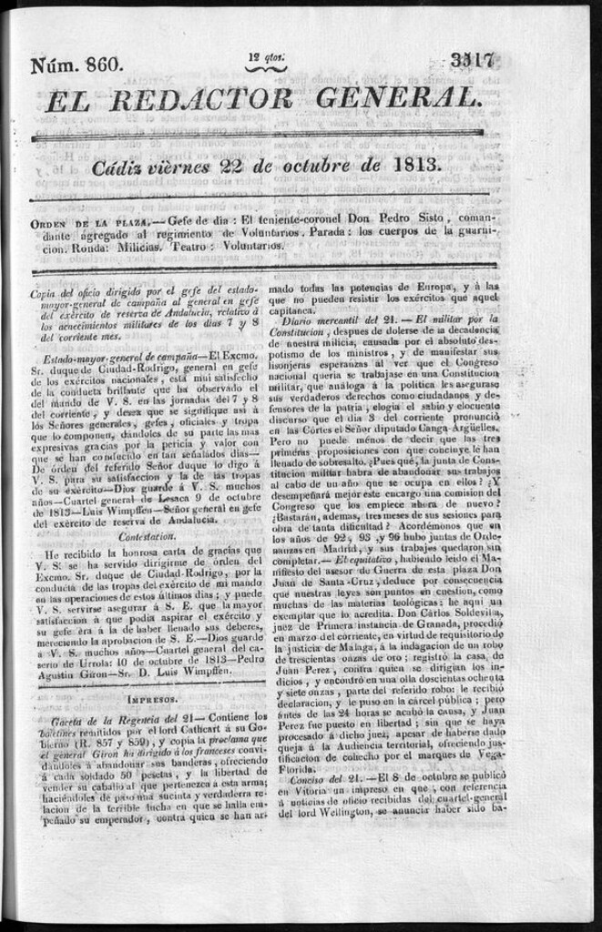 Miniatura de Redactor General del viernes 22 de octubre de 1813