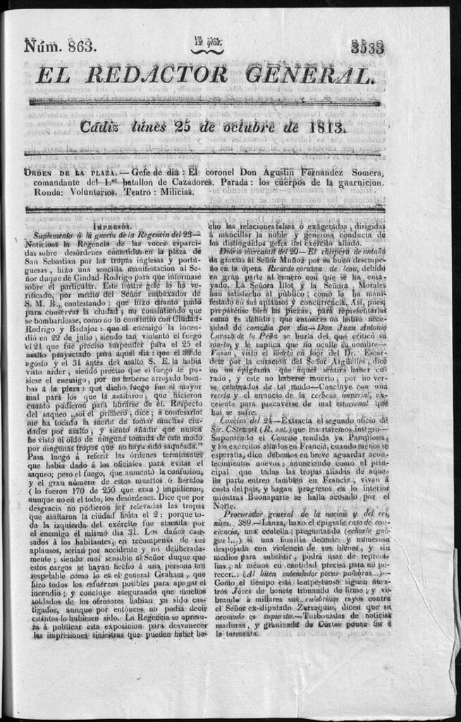 Miniatura de Redactor General del lunes 25 de octubre de 1813