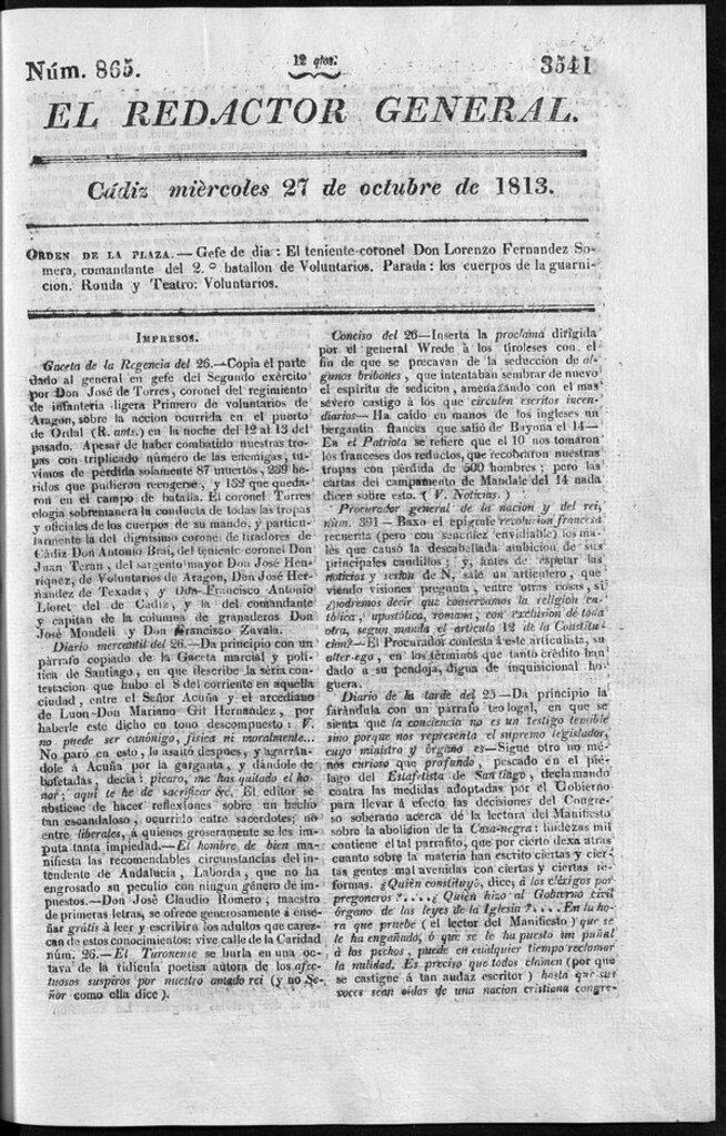 Miniatura de Redactor General del miércoles 27 de octubre de 1813