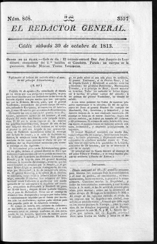 Miniatura de Redactor General del sábado 30 de octubre de 1813