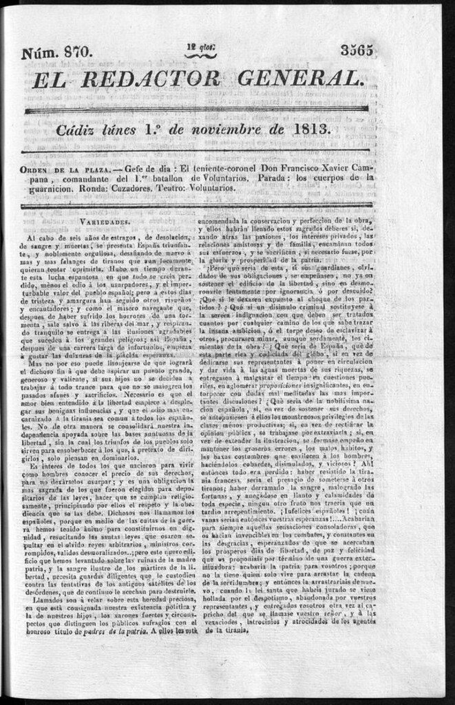 Miniatura de Redactor General del lunes 1 de noviembre de 1813