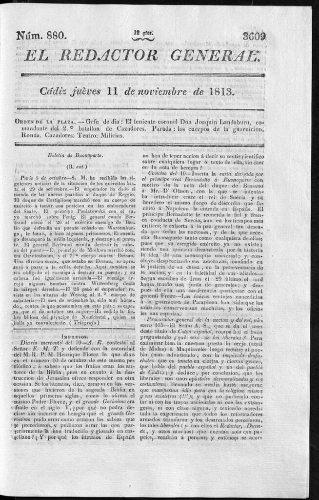 Miniatura de Redactor General del jueves 11 de noviembre de 1813