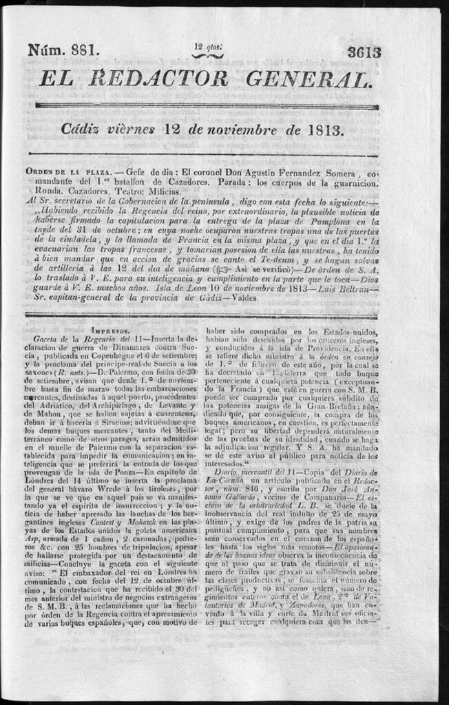 Miniatura de Redactor General del viernes 12 de noviembre de 1813