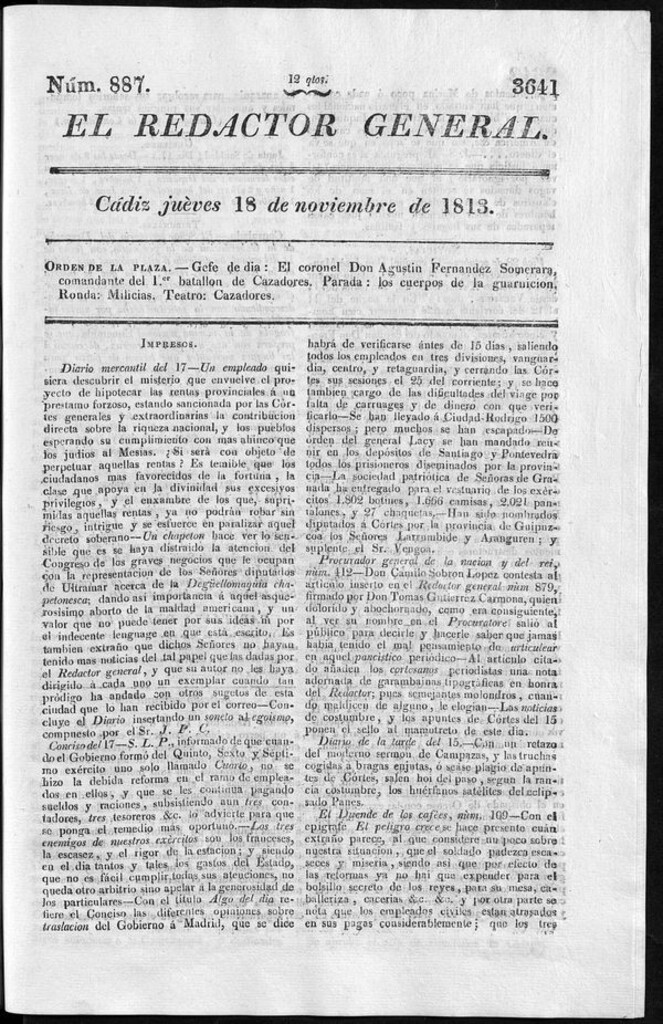Miniatura de Redactor General del jueves 18 de noviembre de 1813