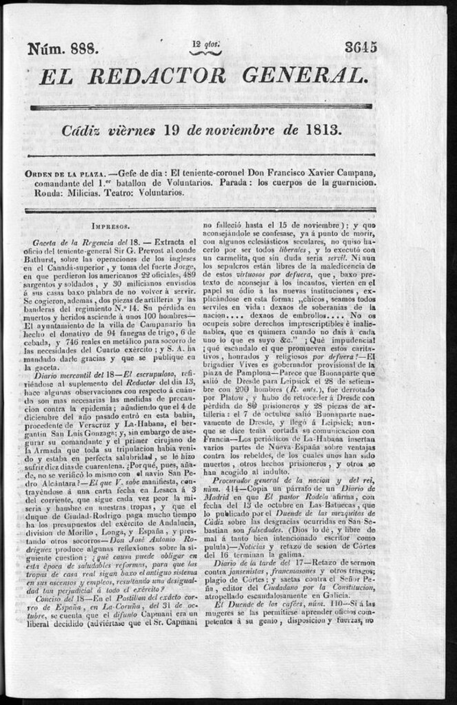 Miniatura de Redactor General del viernes 19 de noviembre de 1813