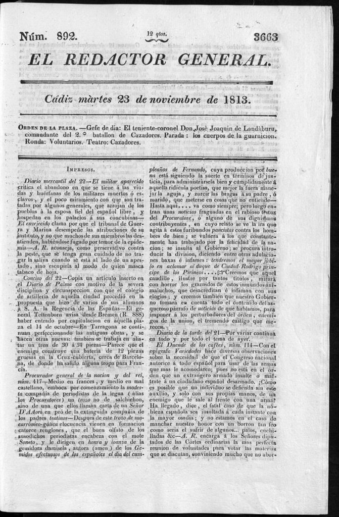 Miniatura de Redactor General del martes 23 de noviembre de 1813