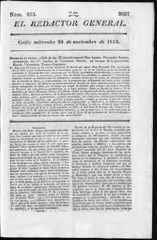 Miniatura de Redactor General del miércoles 24 de noviembre de 1813