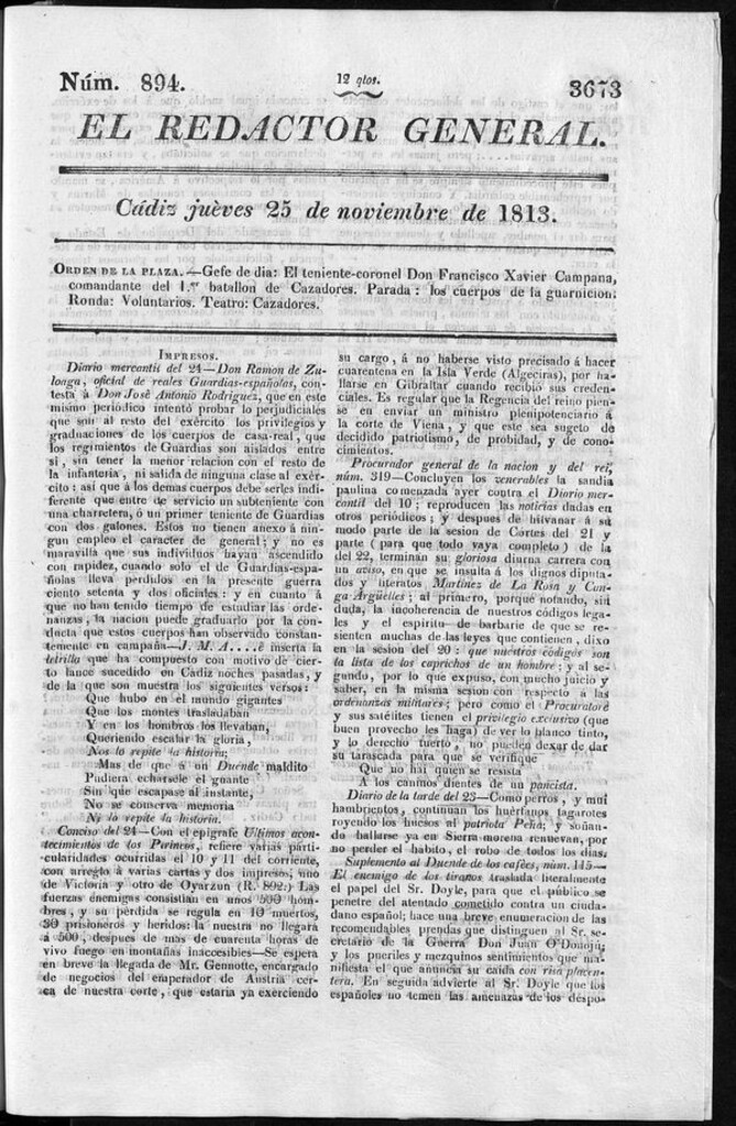 Miniatura de Redactor General del jueves 25 de noviembre de 1813