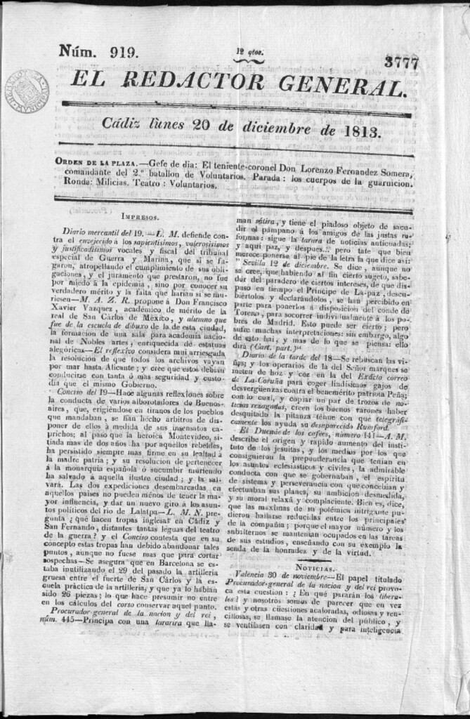 Miniatura de Redactor General del lunes 20 diciembre de 1813