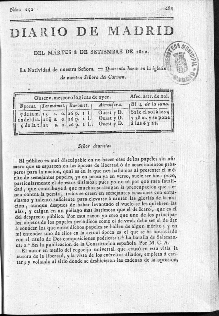 Miniatura de Diario de Madrid del martes 8 de Septiembre de 1812