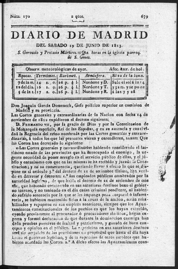 Miniatura de Diario de Madrid del Sábado 19 de Junio de 1813