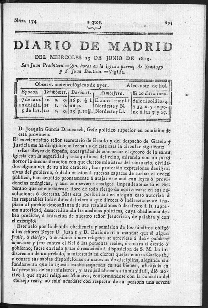 Miniatura de Diario de Madrid del Miércoles 23 de Junio de 1813
