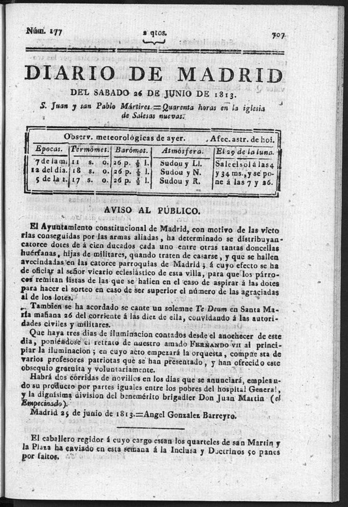 Miniatura de Diario de Madrid del Sábado 26 de Junio de 1813