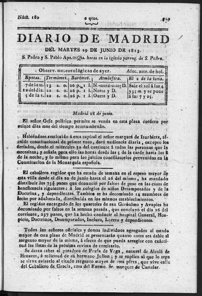 Miniatura de Diario de Madrid del Martes 29 de Junio de 1813