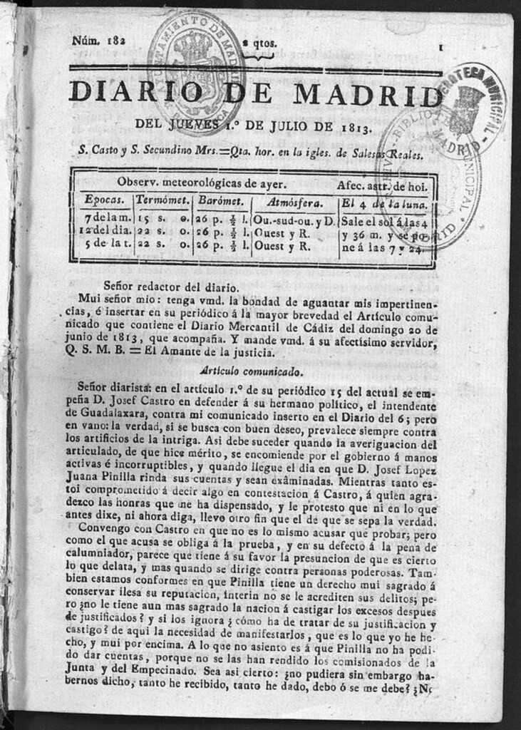 Miniatura de Diario de Madrid del Jueves 1 de Julio de 1813