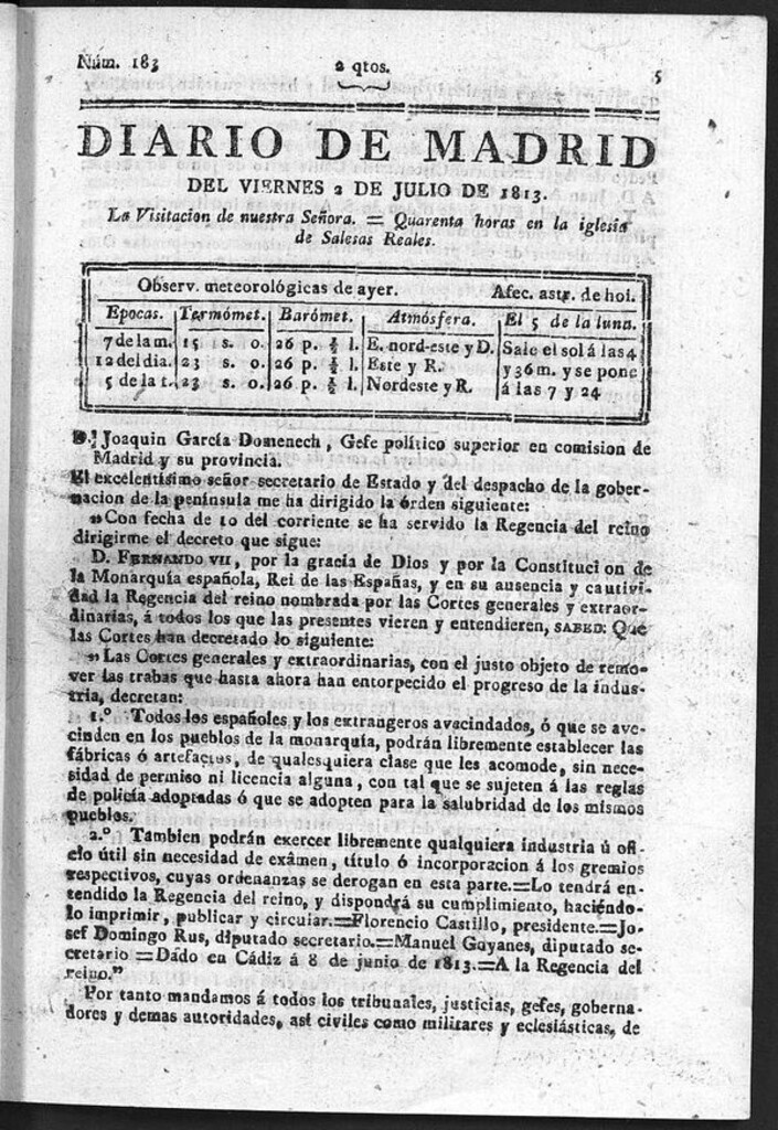 Miniatura de Diario de Madrid del Viernes 2 Julio de 1813