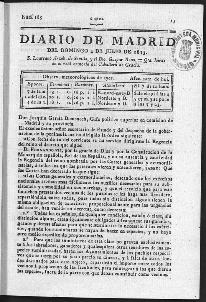 Miniatura de Diario de Madrid del Domingo 4 de Julio de 1813