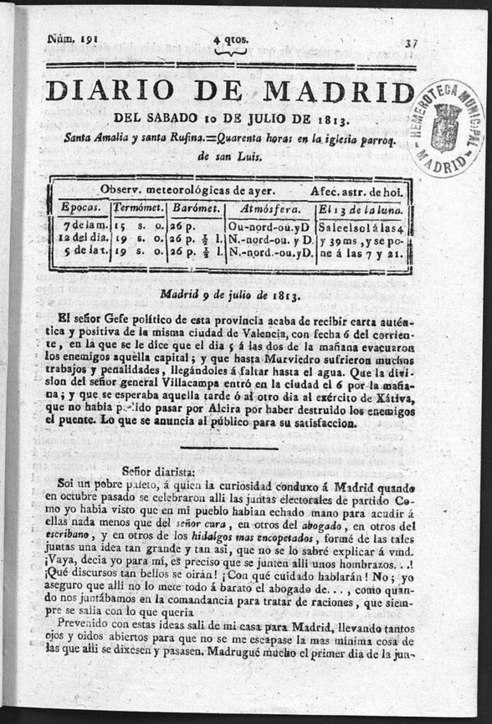 Miniatura de Diario de Madrid del Sábado 10 Julio de 1813