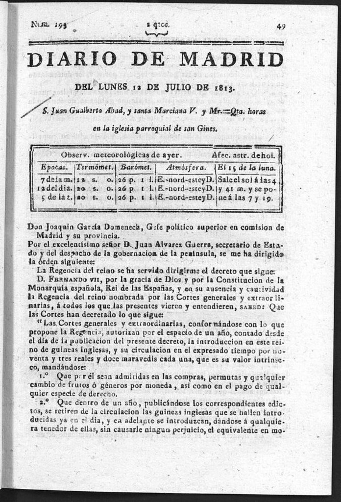 Miniatura de Diario de Madrid del Lunes 12 Julio de 1813