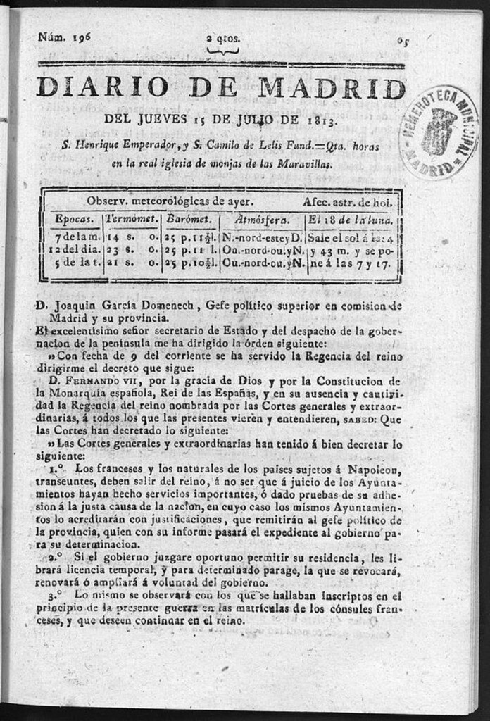 Miniatura de Diario de Madrid del Jueves 15 Julio de 1813