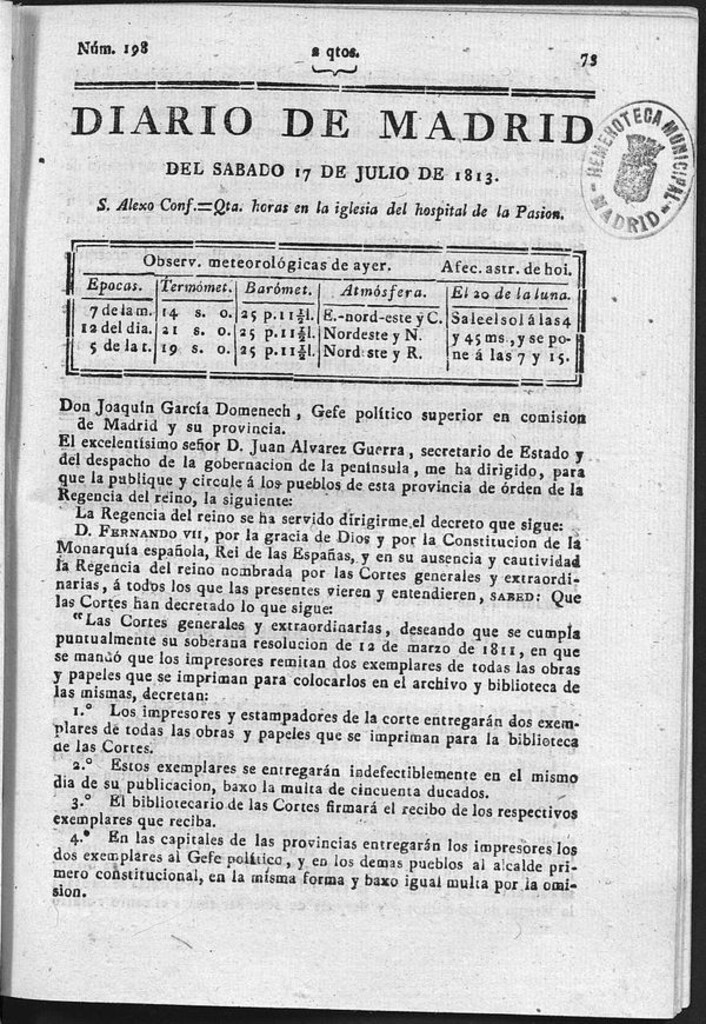 Miniatura de Diario de Madrid del Sábado 17 Julio de 1813