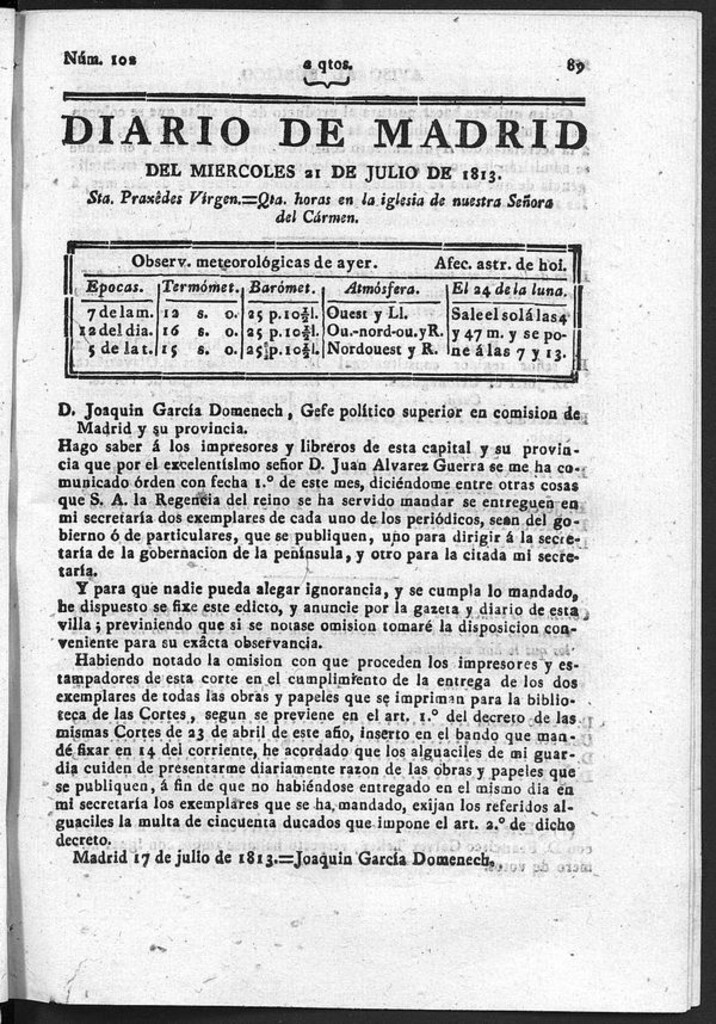 Miniatura de Diario de Madrid del Miércoles 21 de Julio de 1813