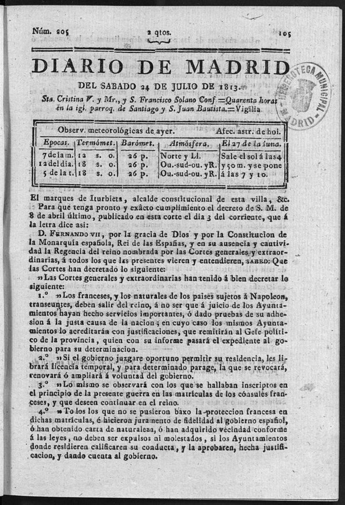 Miniatura de Diario de Madrid del Sábado 24 de Julio de 1813