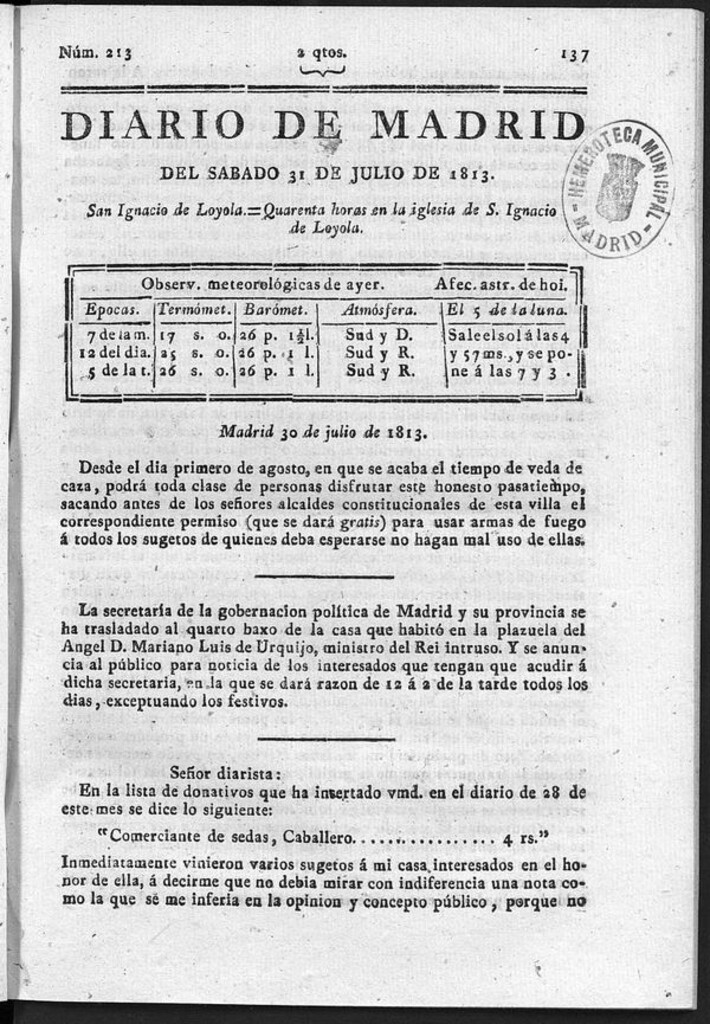 Miniatura de Diario de Madrid del Sábado 31 de Julio de 1813