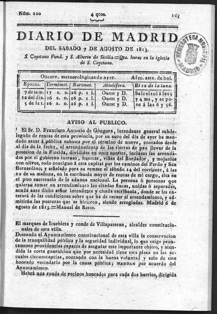 Miniatura de Diario de Madrid del Sábado 7 de Agosto de 1813