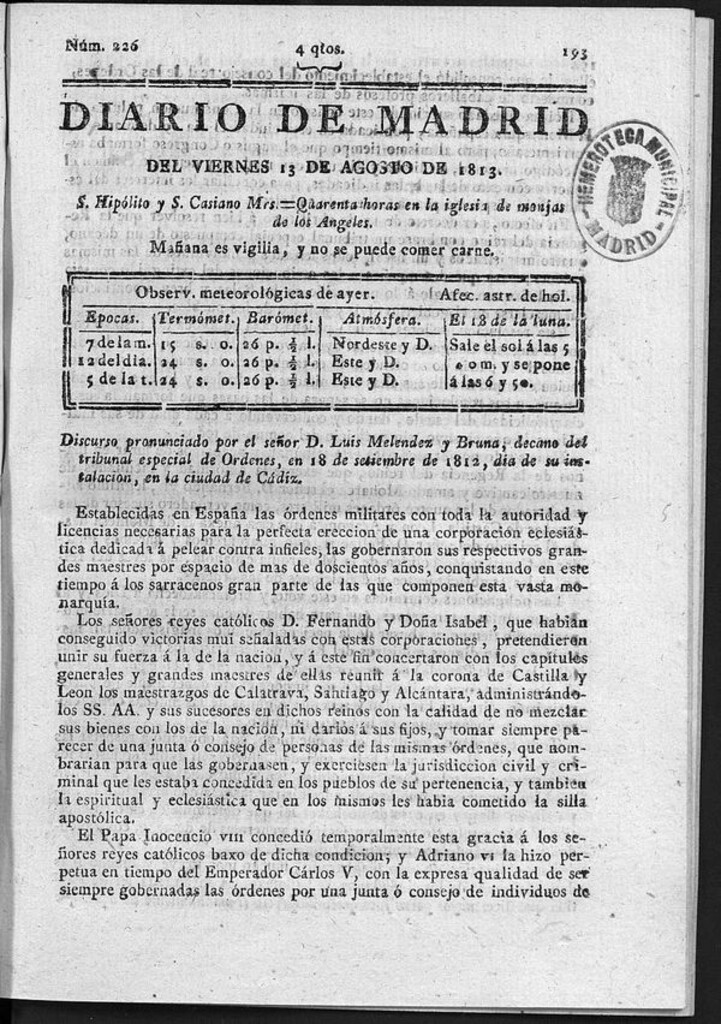 Miniatura de Diario de Madrid del Viernes 13 de Agosto de 1813