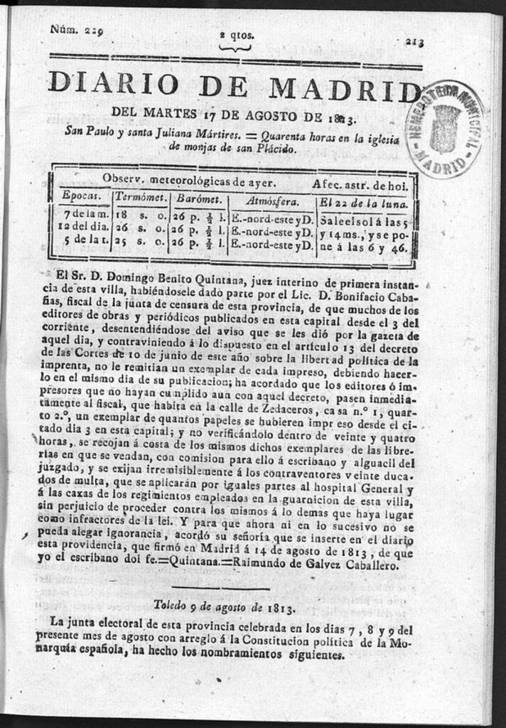 Miniatura de Diario de Madrid del Martes 17 de Agosto de 1813
