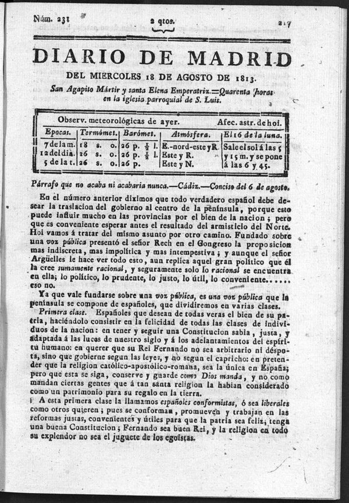 Miniatura de Diario de Madrid del Miércoles 18 de Agosto de 1813