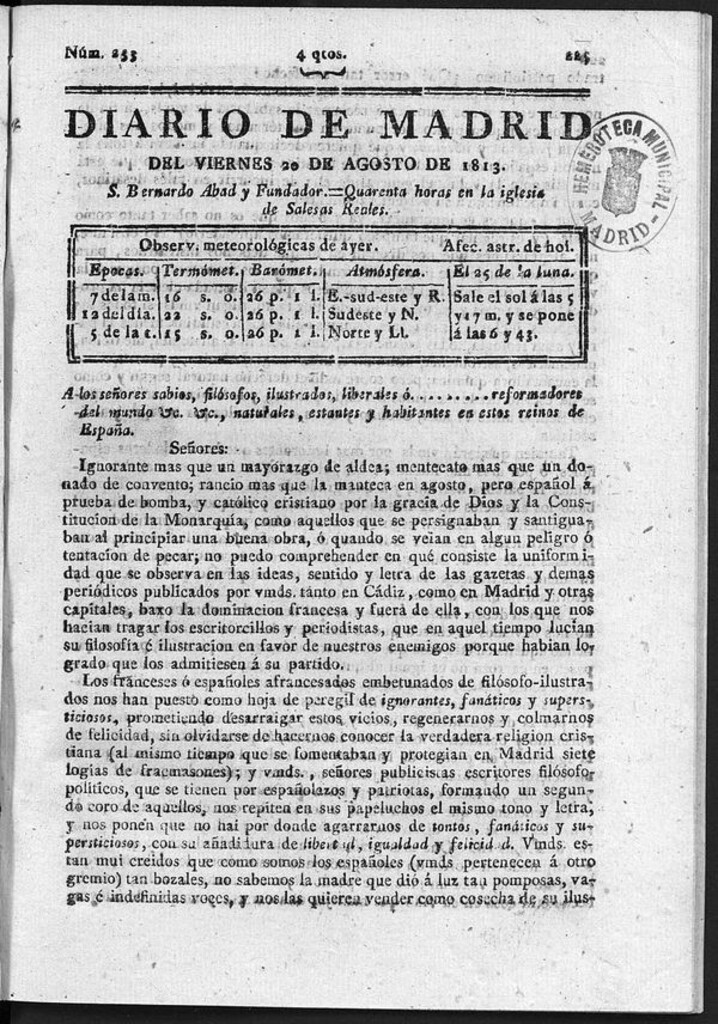 Miniatura de Diario de Madrid del Viernes 20 de Agosto de 1813