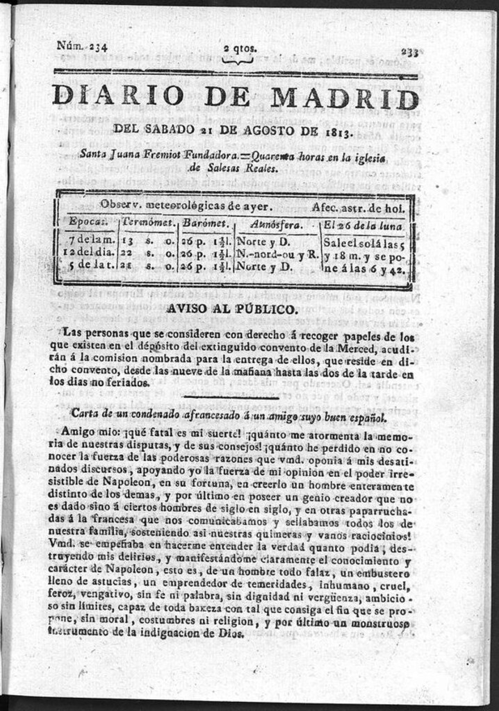 Miniatura de Diario de Madrid del Sábado 21 de Agosto de 1813