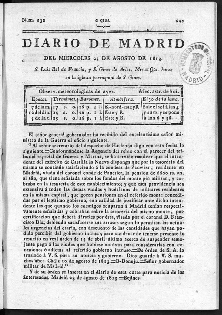 Miniatura de Diario de Madrid del Miércoles 25 de Agosto de 1813