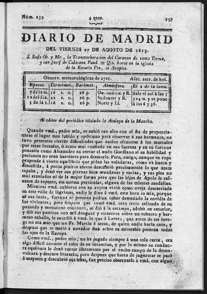 Miniatura de Diario de Madrid del Viernes 27 de Agosto de 1813