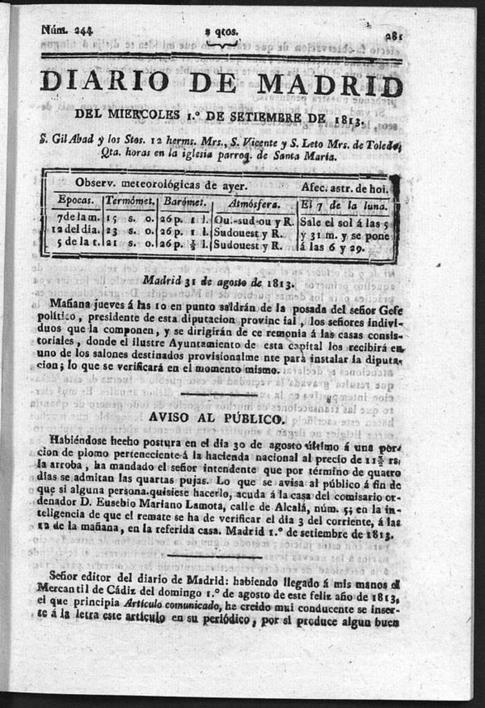 Miniatura de Diario de Madrid del Miércoles 1 de Septiembre de 1813