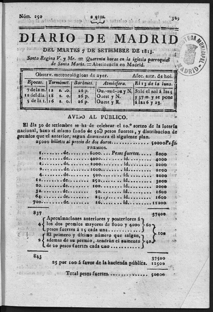 Miniatura de Diario de Madrid de Martes 7 de Septiembre de 1813