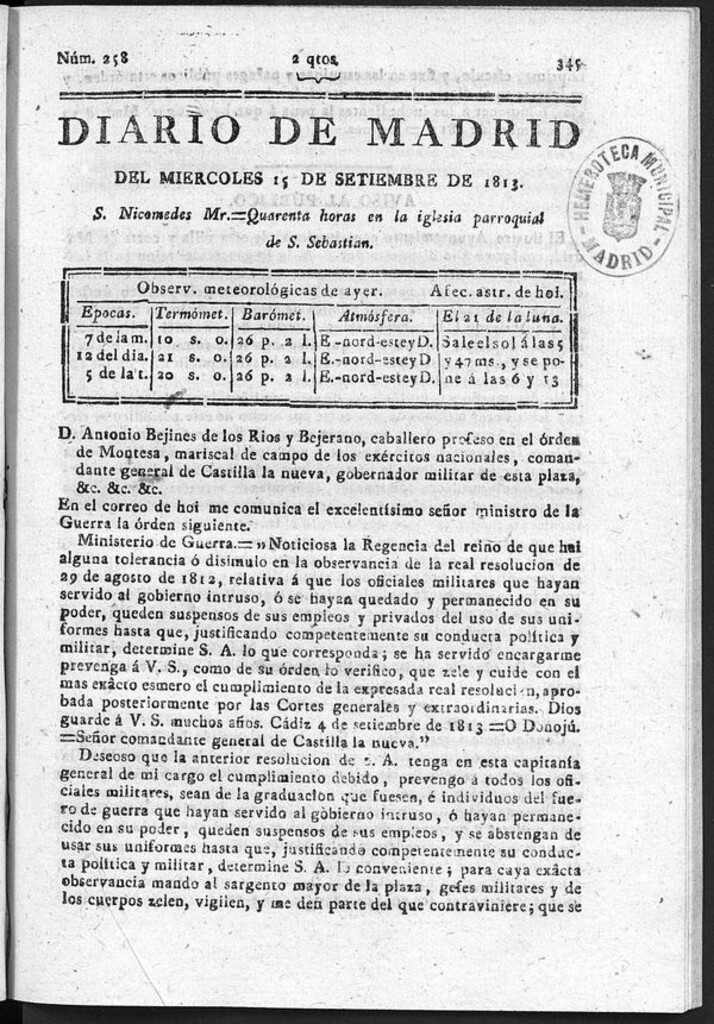Miniatura de Diario de Madrid del Miércoles 15 de Septiembre de 1813