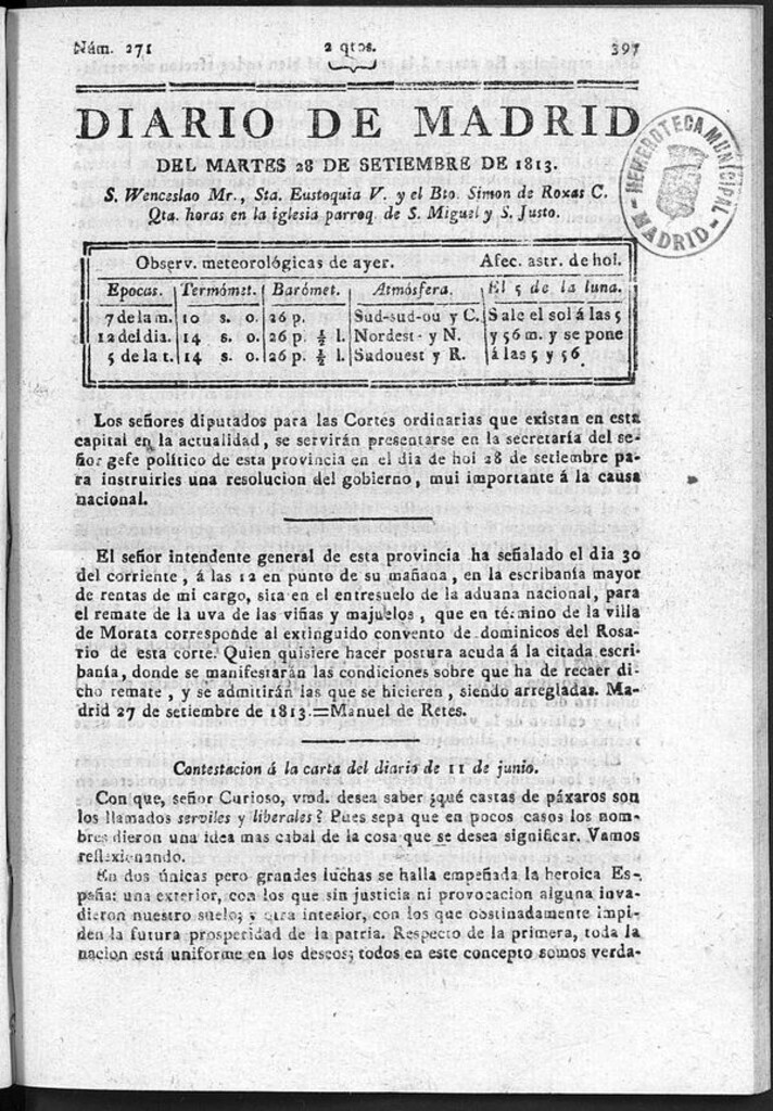 Miniatura de Diario de Madrid del martes 28 de Septiembre de 1813