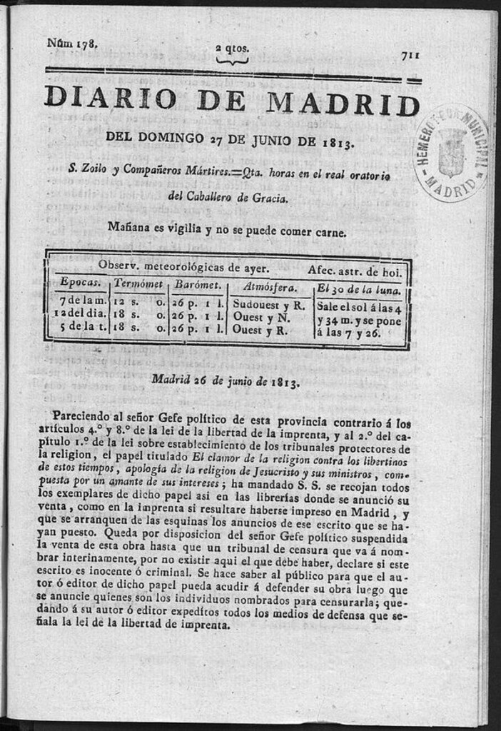 Miniatura de Diario de Madrid del Domingo 27 Junio de 1813