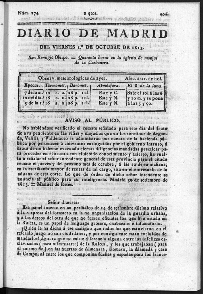 Miniatura de Diario de Madrid del viernes 1 Octubre de 1813