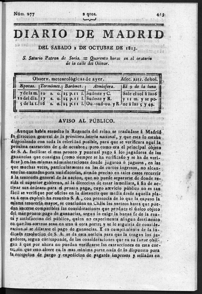 Miniatura de Diario de Madrid del sábado 2 Octubre de 1813