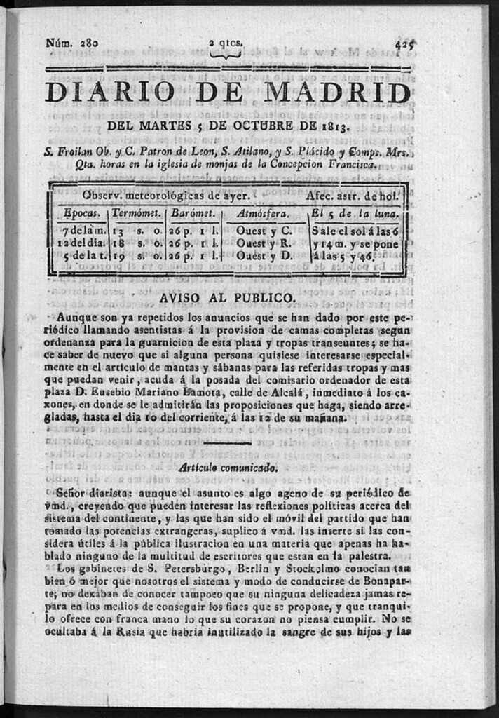 Miniatura de Diario de Madrid del martes 5 Octubre de 1813