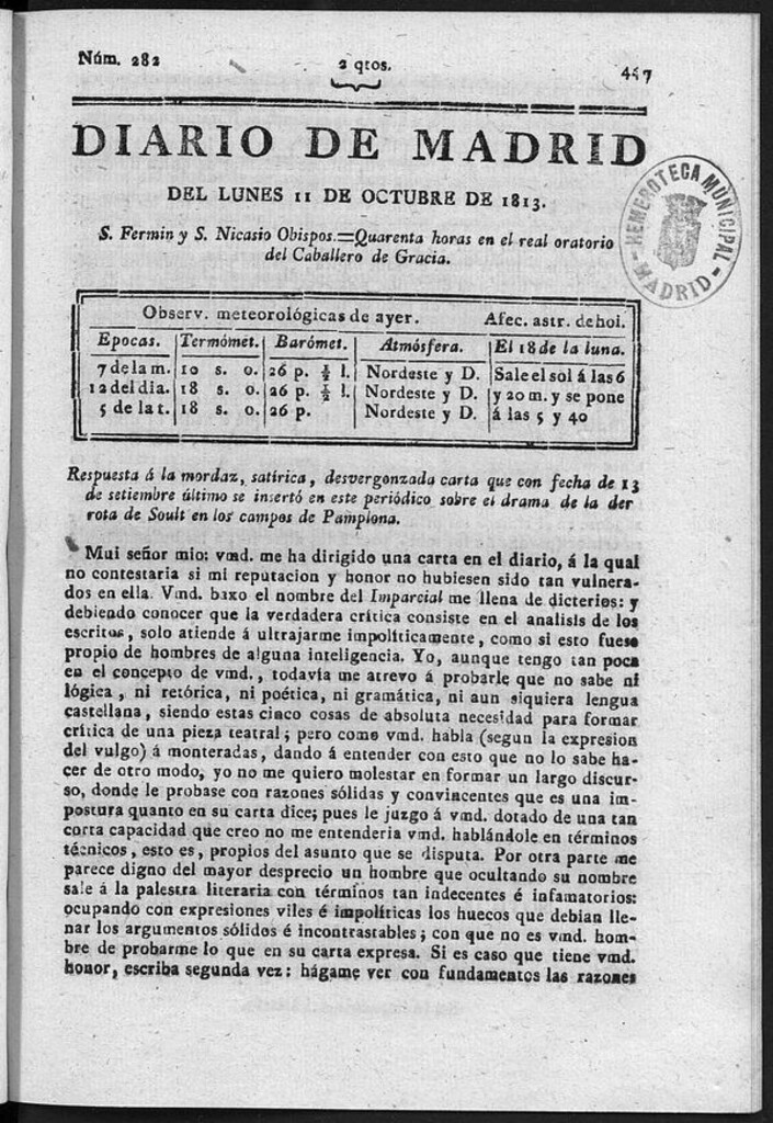 Miniatura de Diario de Madrid del lunes 11 de Octubre de 1813