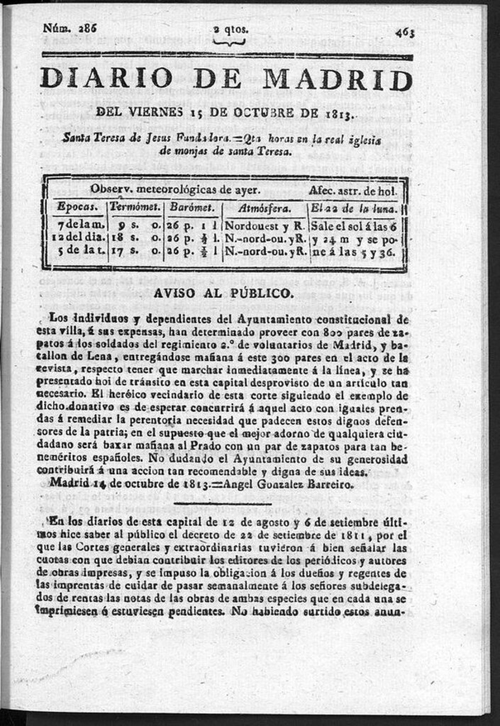 Miniatura de Diario de Madrid del viernes 15 de Octubre de 1813