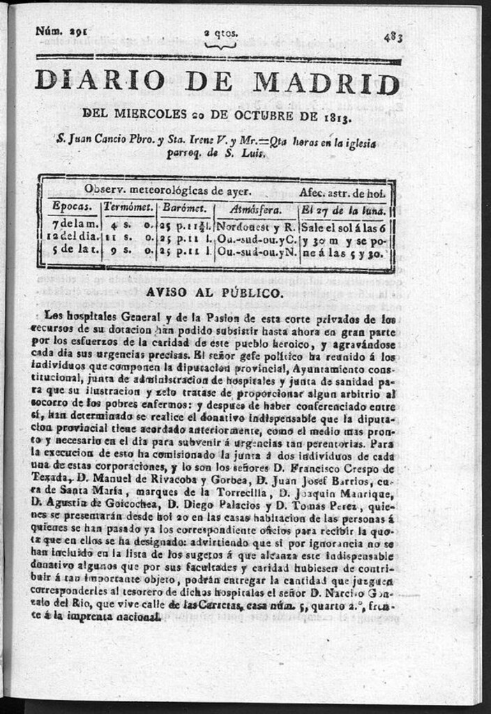 Miniatura de Diario de Madrid del miércoles 20 Octubre de 1813