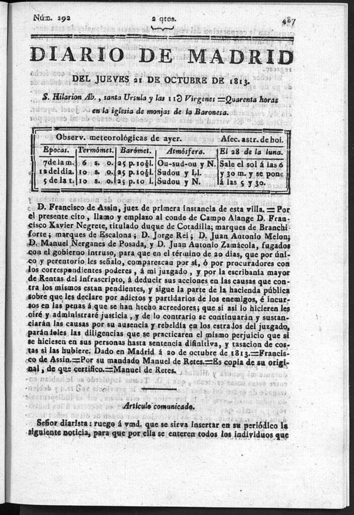 Miniatura de Diario de Madrid del jueves 21 Octubre de 1813